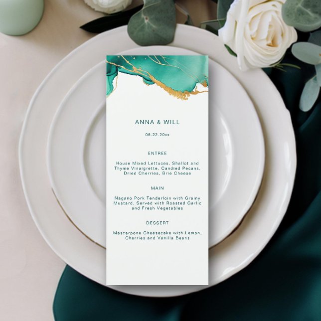 Modern Emerald Gold Teal Summer Beach Boho Wedding Menu (emerald green modern minimalist beach wedding menu gold waves summer elegant bohemian romantic chic)