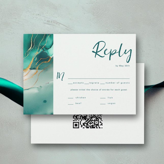 Modern Emerald Gold Wedding QR Meal Choice RSVP  (emerald green gold modern summer beach wedding rsvp card meal choice qr code elegant bohemian chic)