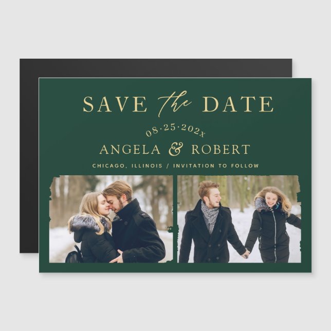 Modern Emerald Green 2 Photo Save the Date Magnet (Front/Back)