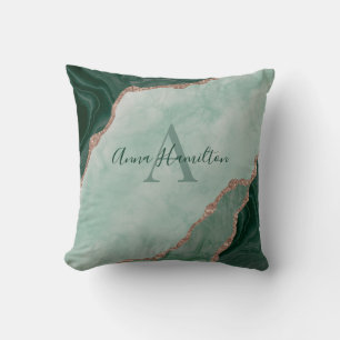 Modern Emerald Green Agate Geode Monogram Cushion