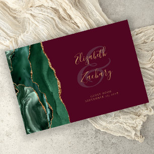 Modern Emerald Green Agate Gold Script Burgundy Guest Book