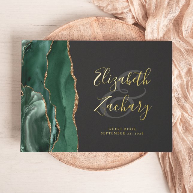 Modern Emerald Green Agate Gold Script Dark Guest Book (Creator Uploaded)