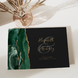 Modern Emerald Green Agate Gold Script Dark Guest Book