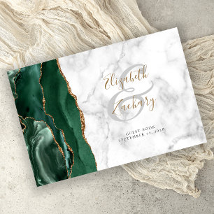Modern Emerald Green Agate Gold Script Marble Guest Book