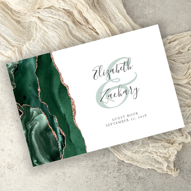 Modern Emerald Green Agate Rose Gold Script Guest Book (Creator Uploaded)