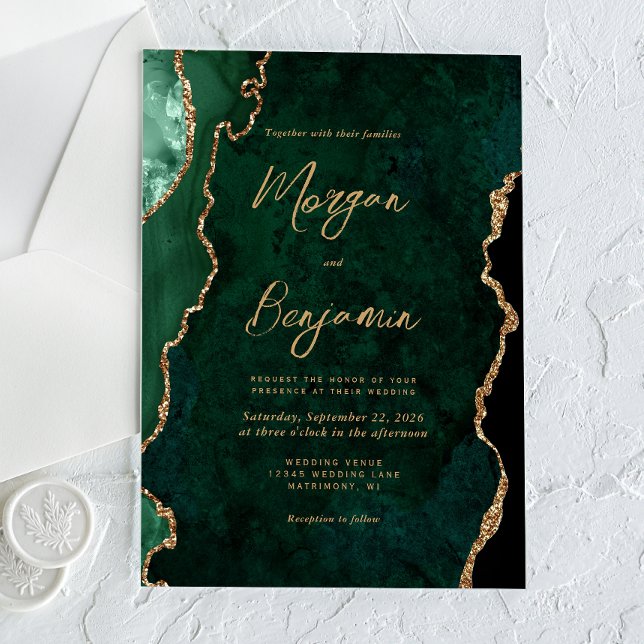 Modern Emerald Green Agate Script Wedding Acrylic Invitations (Creator Uploaded)
