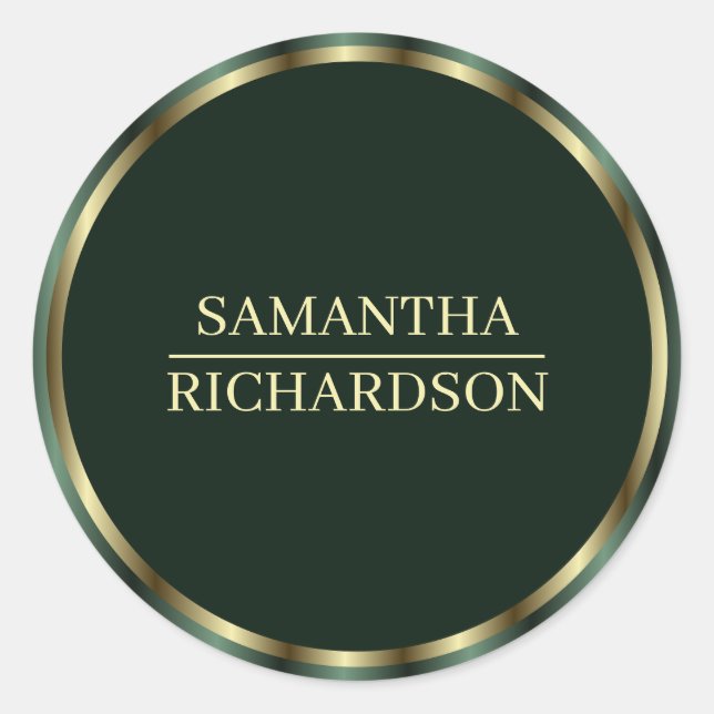 Modern Emerald Green And Gold Border Name Classic Round Sticker (Front)