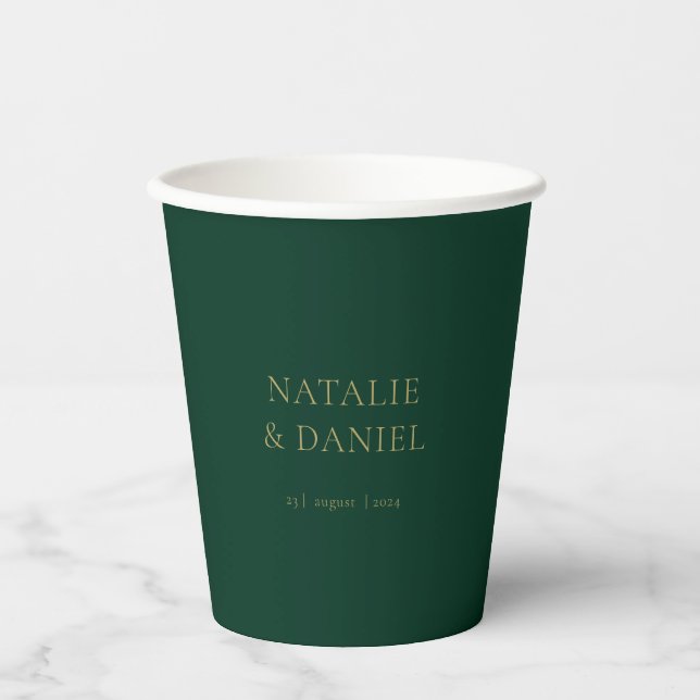 Modern Emerald Green and Gold Chic Wedding Paper Cups (Front)