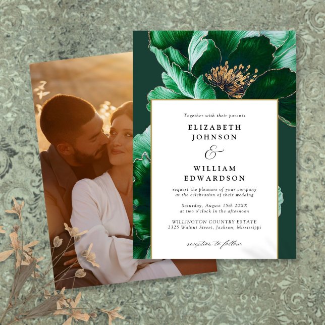 Modern Emerald Green And Gold Floral Photo Wedding Invitation (Modern Emerald Green And Gold Floral Photo Wedding Invitation)