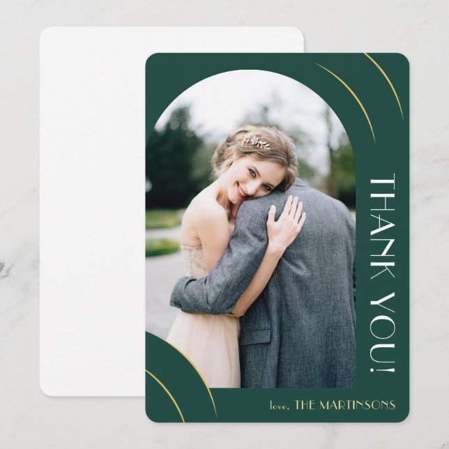 Modern Emerald Green and Gold Photo Wedding Thank You Card (Front/Back)