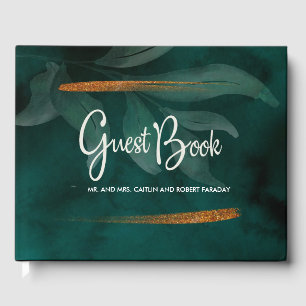 modern emerald green and leaves guest book