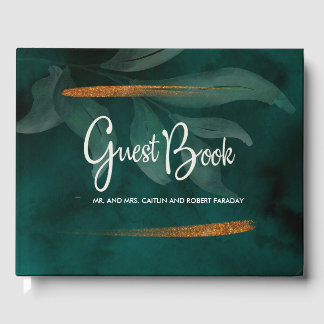 modern emerald green and leaves guest book