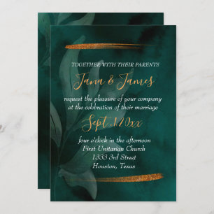 modern emerald green and leaves invitation