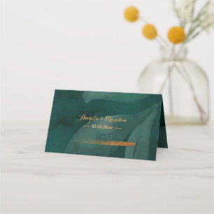 modern emerald green and leaves place card