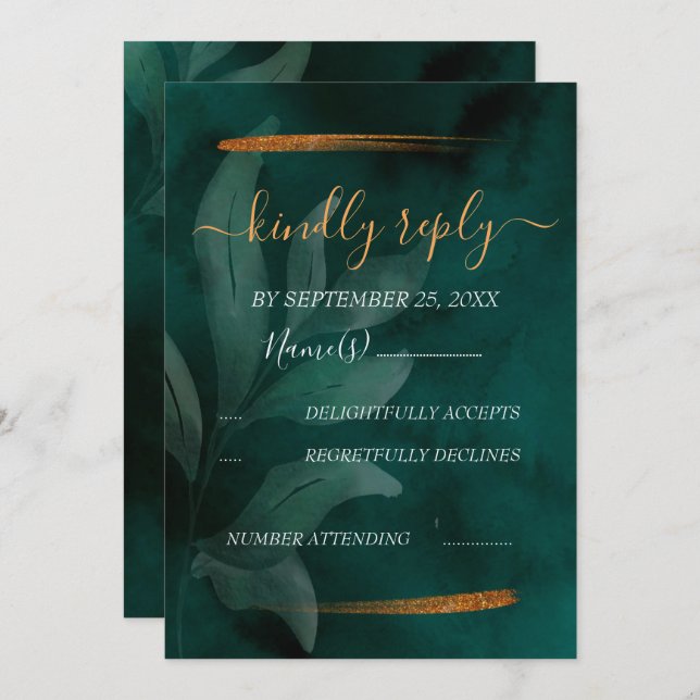 modern emerald green and leaves RSVP Invitation (Front/Back)