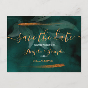 modern emerald green and leaves Save the Date Post Postcard