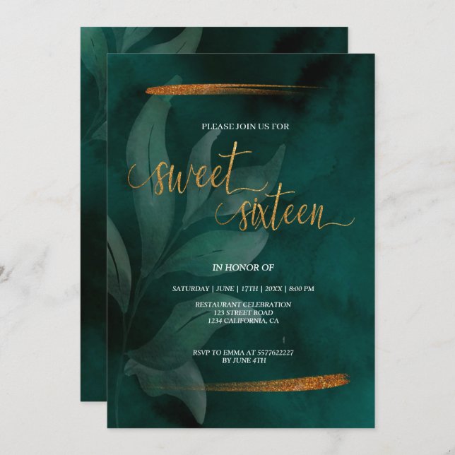 modern emerald green and leaves sweet 16 invitatio invitation (Front/Back)