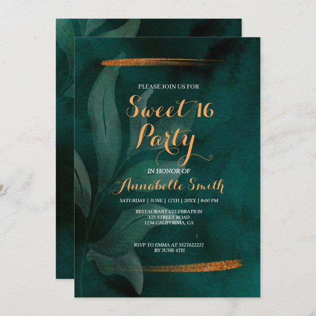 modern emerald green and leaves sweet 16 invitation (Front/Back)