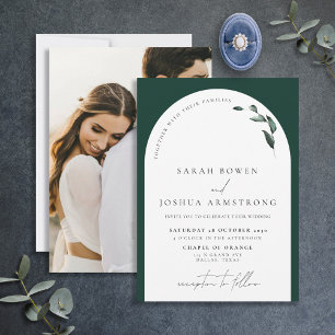 Modern Emerald Green Arch Botanical Photo Wedding  Invitation