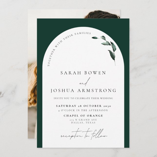 Modern Emerald Green Arch Botanical Photo Wedding Invitation (Front/Back)
