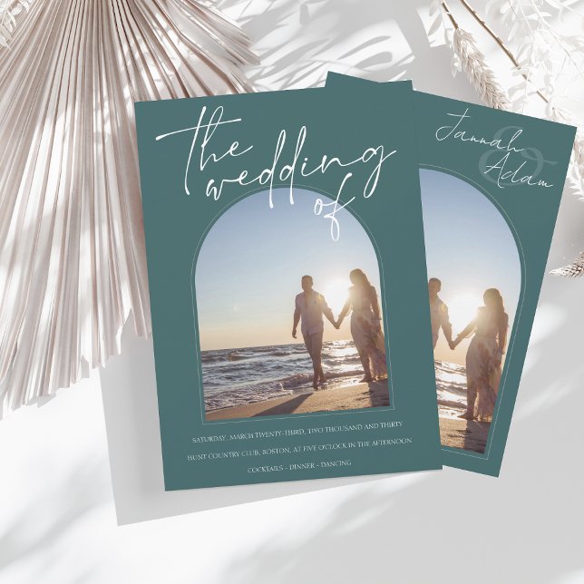 Modern Emerald Green Arch Initial Photo Wedding Invitation (Creator Uploaded)