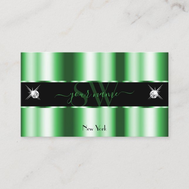 Modern Emerald Green Black Sparkle Jewels Initials Business Card (Front)