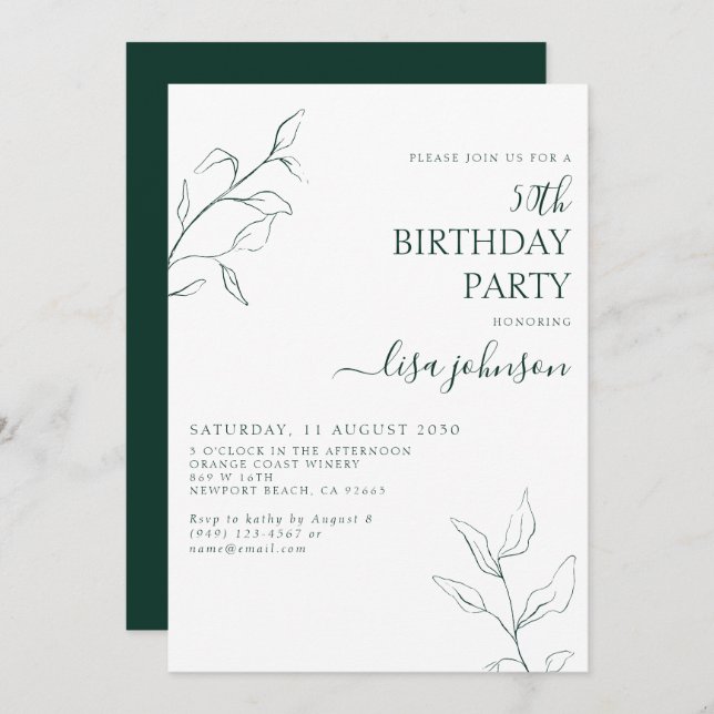 Modern Emerald Green Botanical 50th Birthday Invitation (Front/Back)