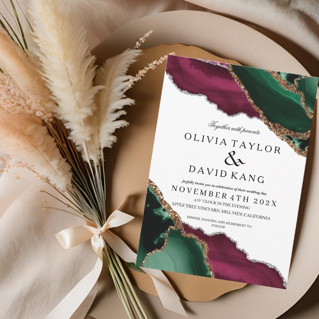  Modern Emerald Green Burgundy Agate Wedding Invitation (Creator Uploaded)