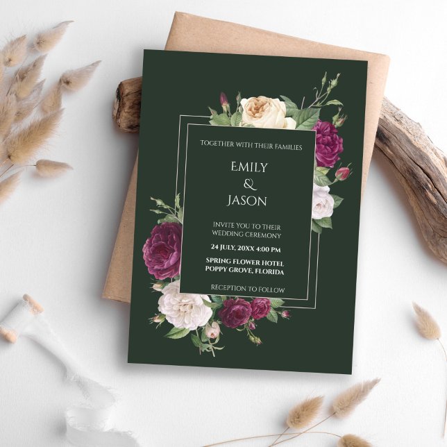 Modern Emerald Green Burgundy Floral Invitation (Modern Emerald Green Burgundy Floral Invitation on a boho table.)