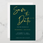 Modern Emerald Green Calligraphy Wedding Save Date<br><div class="desc">Modern Deep Emerald Green Gold Foil Calligraphy Script Wedding Save the Date Card with gold foil. Change foil colour to another colour if you like. Background colour can also be changed.</div>