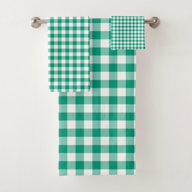 Modern Emerald Green Checked Gingham Pattern Bath Towel Set (Insitu)