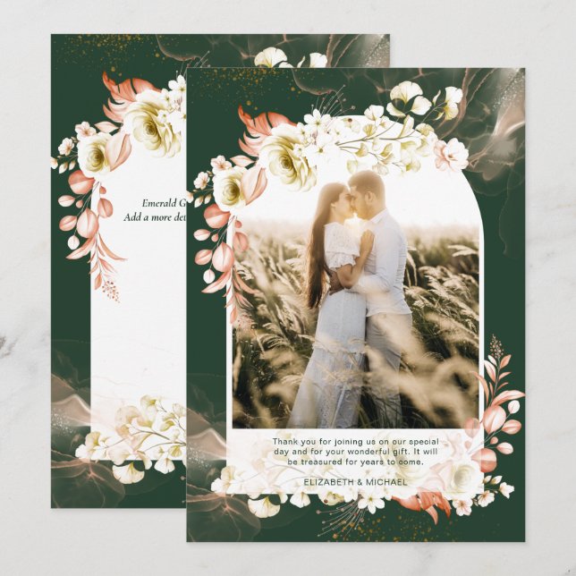 Modern Emerald Green Coral Floral PHOTO THANK YOU (Front/Back)