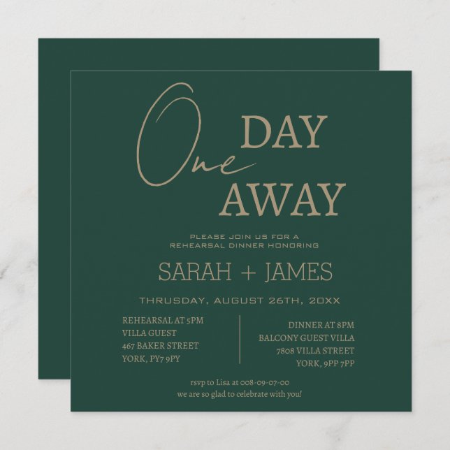 Modern Emerald Green Day Away Rehearsal Dinner  Invitation (Front/Back)