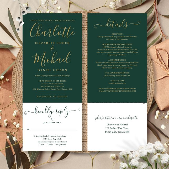 Modern Emerald Green Elegant Gold Script  Invitation (Modern Emerald Green Elegant Gold Script Invitation)