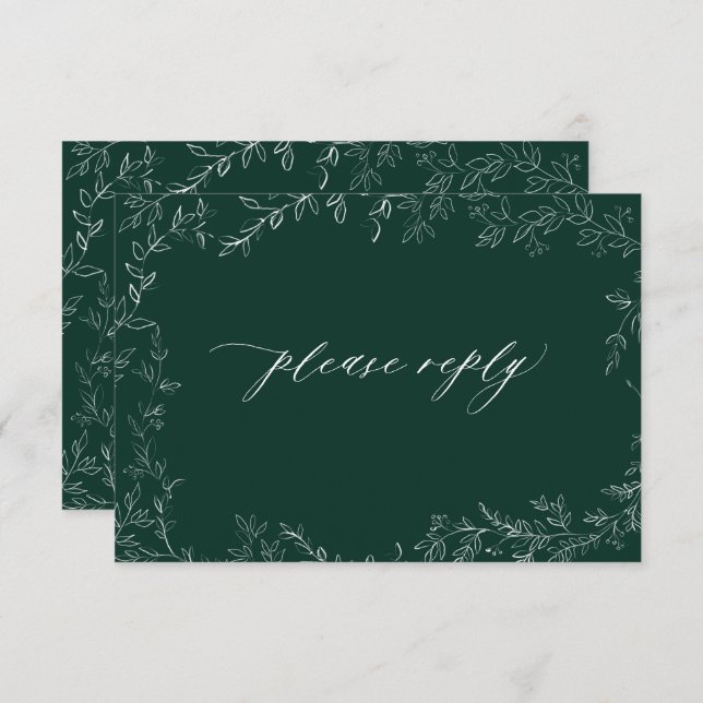 Modern Emerald Green Elegant Leaf Wedding RSVP (Front/Back)