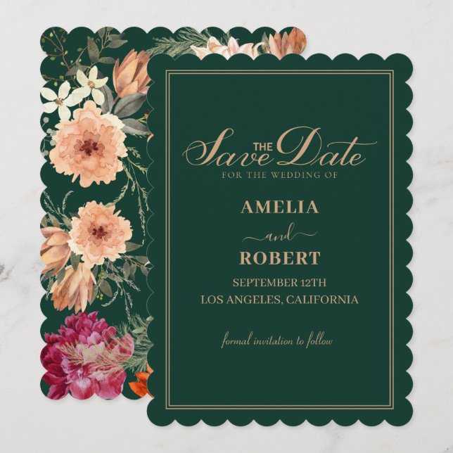 Modern emerald green floral fall wedding  save the date (Front/Back)
