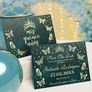 Modern Emerald Green Gold 15 Years Old Quinceañera Save The Date