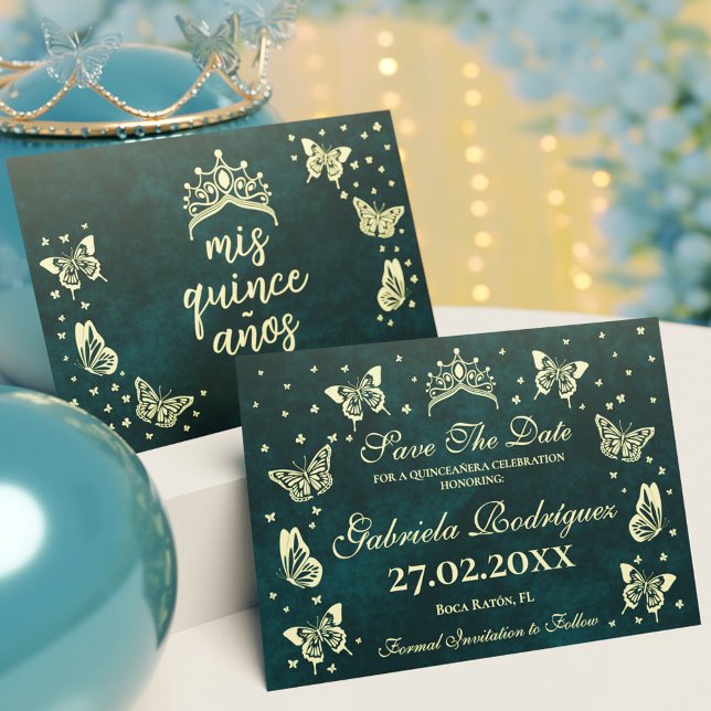 Modern Emerald Green Gold 15 Years Old Quinceañera Save The Date (Modern Emerald Green Gold 15 Years Old Quinceañera Save The Date)