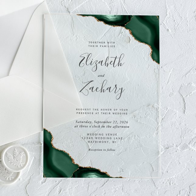 Modern Emerald Green Gold Agate Corners Wedding Acrylic Invitations (Creator Uploaded)