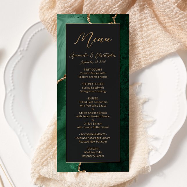 Modern Emerald Green Gold Agate Dark Wedding Menu (Creator Uploaded)