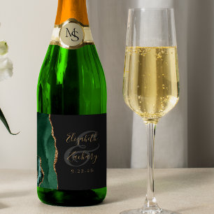 Modern Emerald Green Gold Agate Dark Wedding Sparkling Wine Label