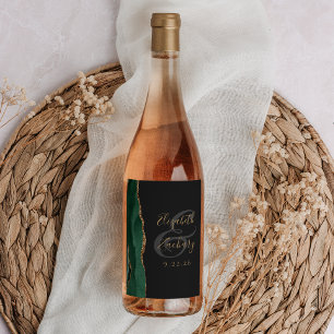 Modern Emerald Green Gold Agate Dark Wedding Wine Label