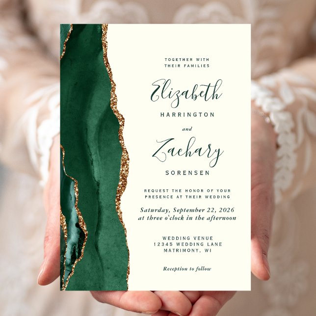 Modern Emerald Green Gold Agate Ivory Wedding Invitation (Creator Uploaded)