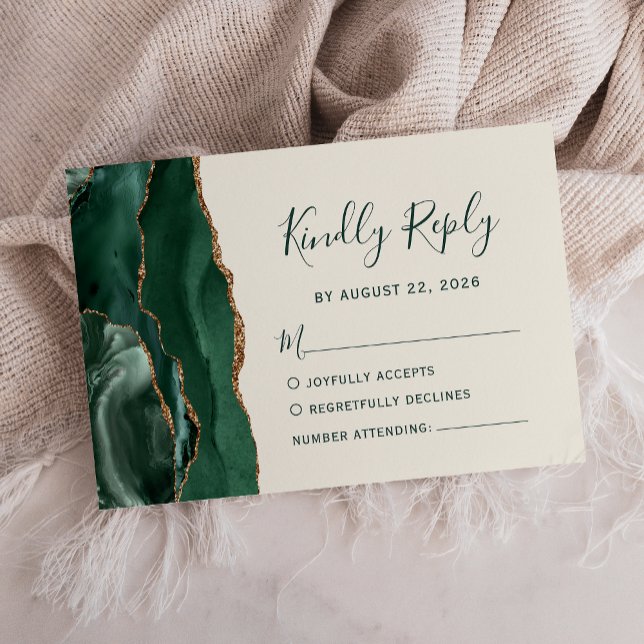 Modern Emerald Green Gold Agate Ivory Wedding RSVP Card (Creator Uploaded)