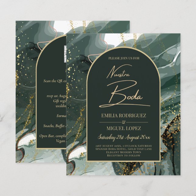 Modern Emerald Green Gold Agate Marble WEDDING (Front/Back)