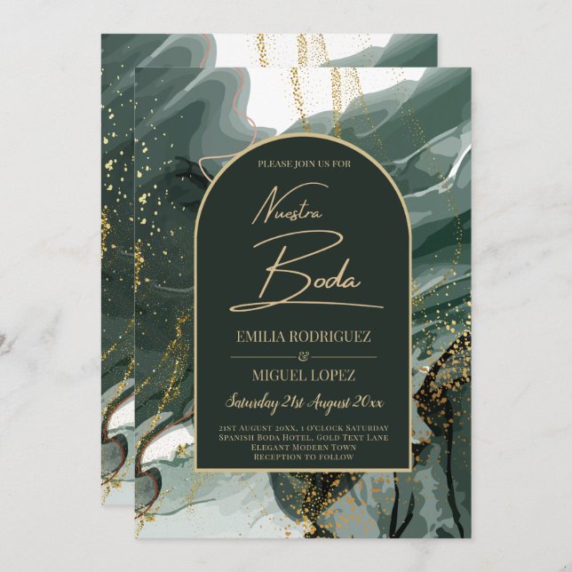 Modern Emerald Green Gold Agate Marble WEDDING Invitation (Front/Back)