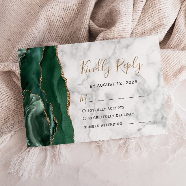 Modern Emerald Green Gold Agate Marble Wedding RSVP Card (Creator Uploaded)