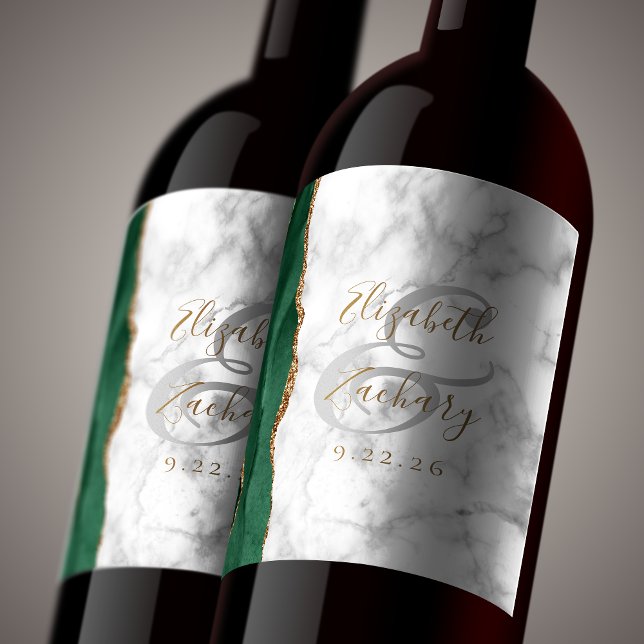 Modern Emerald Green Gold Agate Marble Wedding Wine Label (Creator Uploaded)