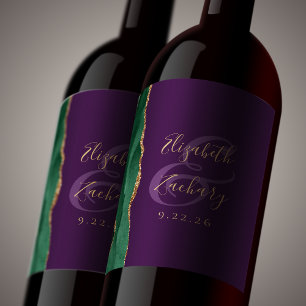 Modern Emerald Green Gold Agate Purple Wedding Wine Label
