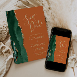 Modern Emerald Green Gold Agate Rust Save the Date